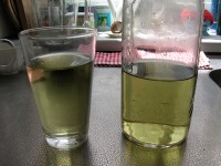 Gemberwater in een glas en fles heeft een gelige kleur / Bron: Eigen foto