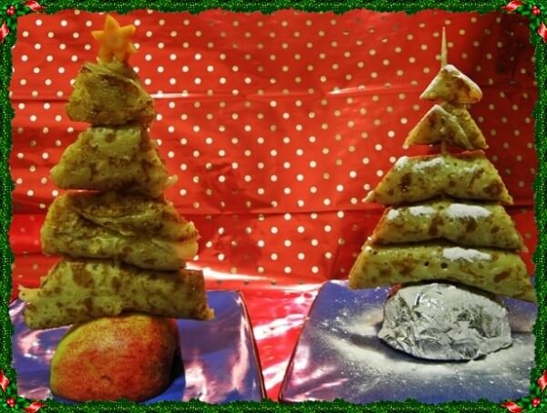 A savory and a sweet pancake in the shape of a Christmas tree. 